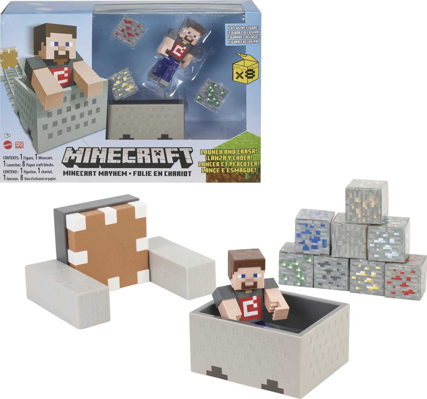 Minecraft Minecart Mayhem Playset With Steve Character Figure, Launching Cart And Accessories, Creation, Exploration And Survival Game For Kids Ages 6