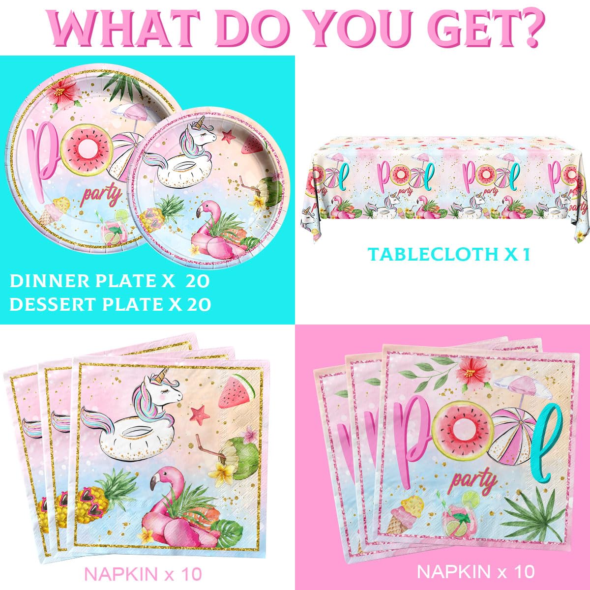 Pool Birthday Party Supplies - 61Pcs Pool Plate and Napkin Tablecloth Summer Pool Flamingo Theme Table Decoration for Summer Birthday,Beach Party