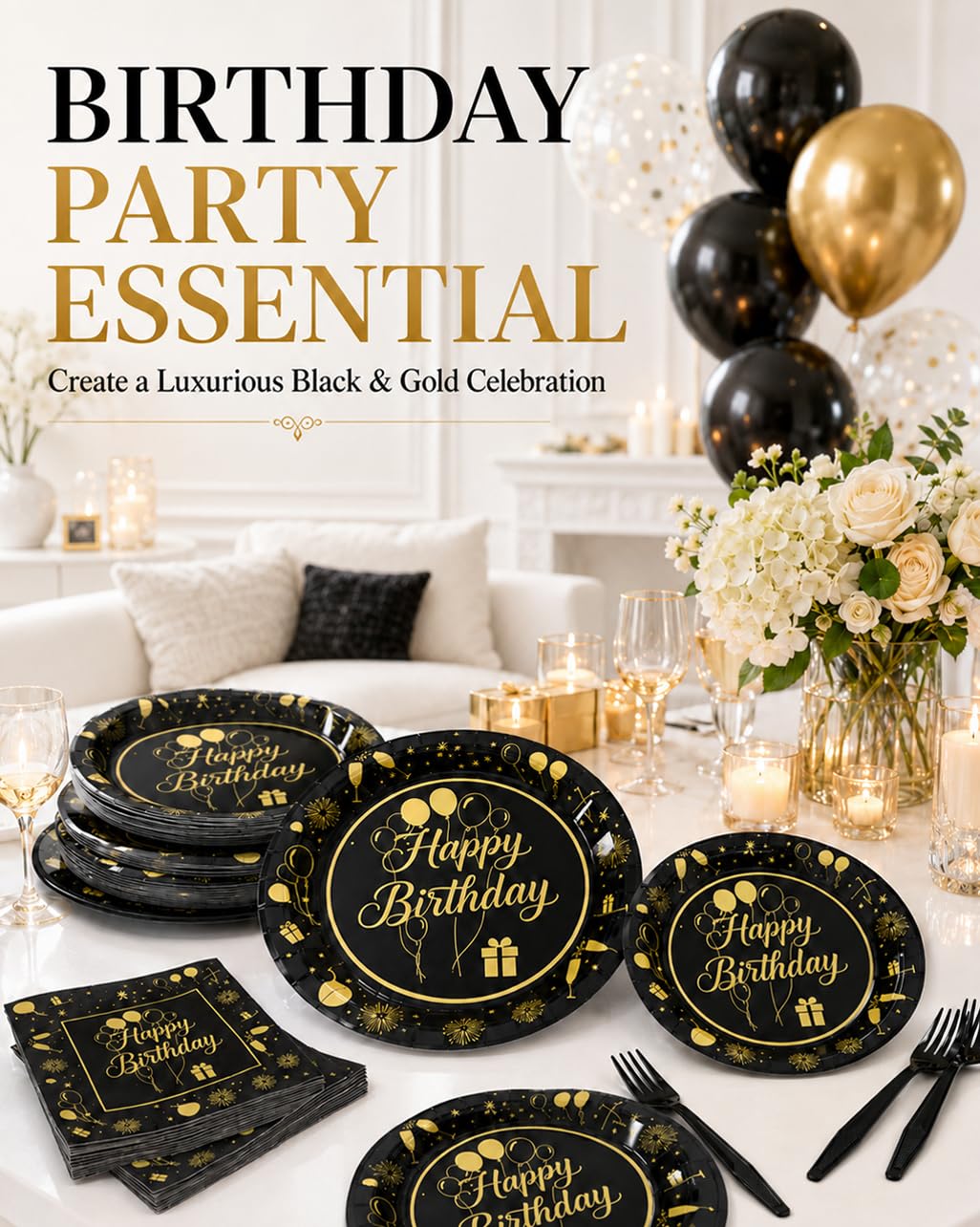 ECOHARV 96Pcs Birthday Party Paper Plates and Napkins for Themed Party Supplies, Tableware for Men Women Bachelorette,Birthday Gatherings