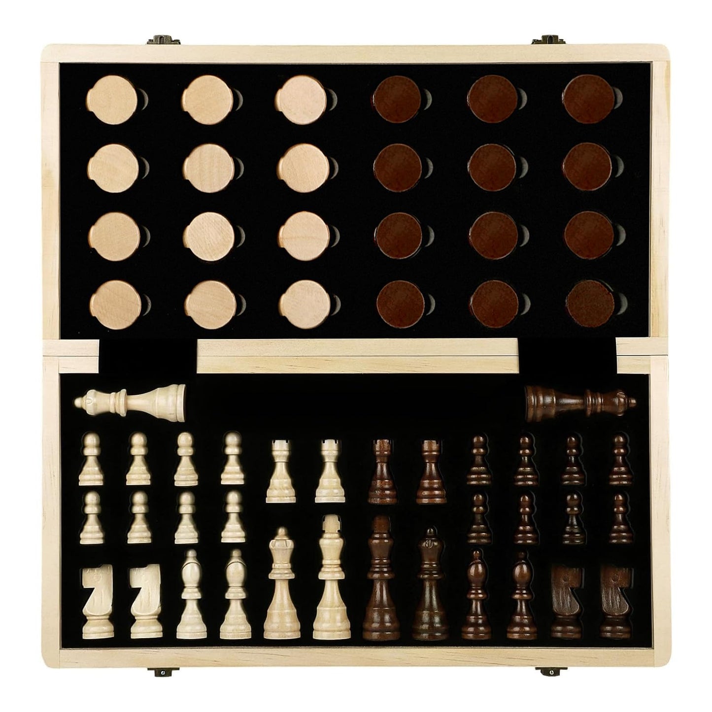 LEAP Wooden Chess and Checker Sets - 15" Walnut & Maple Folding Chess Board with 2 Extra Queens | Chess Board Set | Wooden Chess Sets for Adults