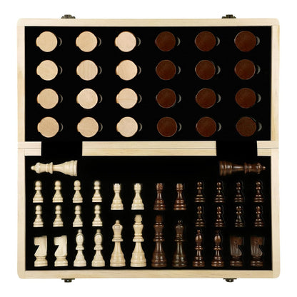 LEAP Wooden Chess and Checker Sets - 15" Walnut & Maple Folding Chess Board with 2 Extra Queens | Chess Board Set | Wooden Chess Sets for Adults
