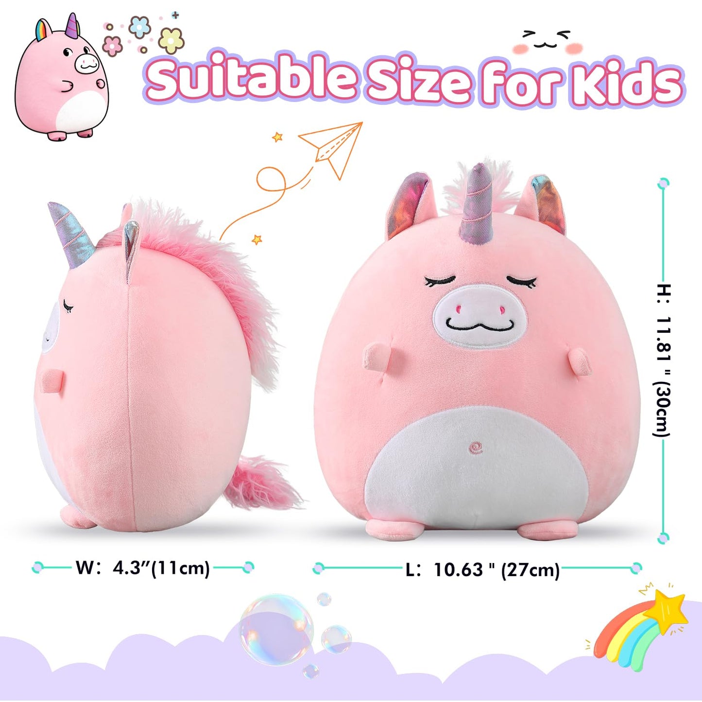 Marsjoy 12" Pink Unicorn Plush Pillow Toy Squishy Stuffed Animal Plushie Pillow Cute Unicorn Huggable Toy Kawaii Soft Cushion for Girl Kid Children's