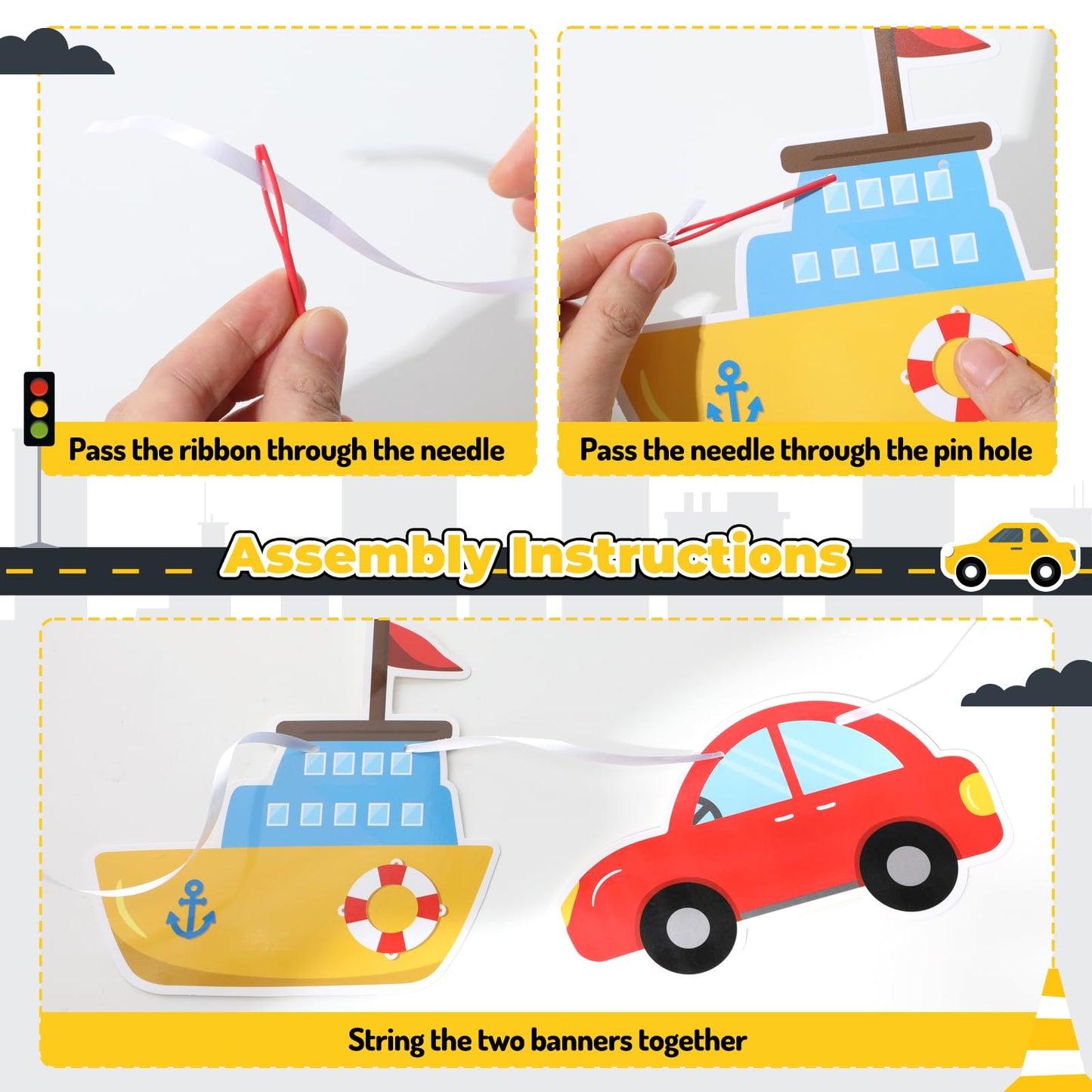 Faisichocalato Transportation Happy Birthday Banner Car Bus Train Plane Ship Helicopter Traffic Light Photo Props Garland for Kids Transportation
