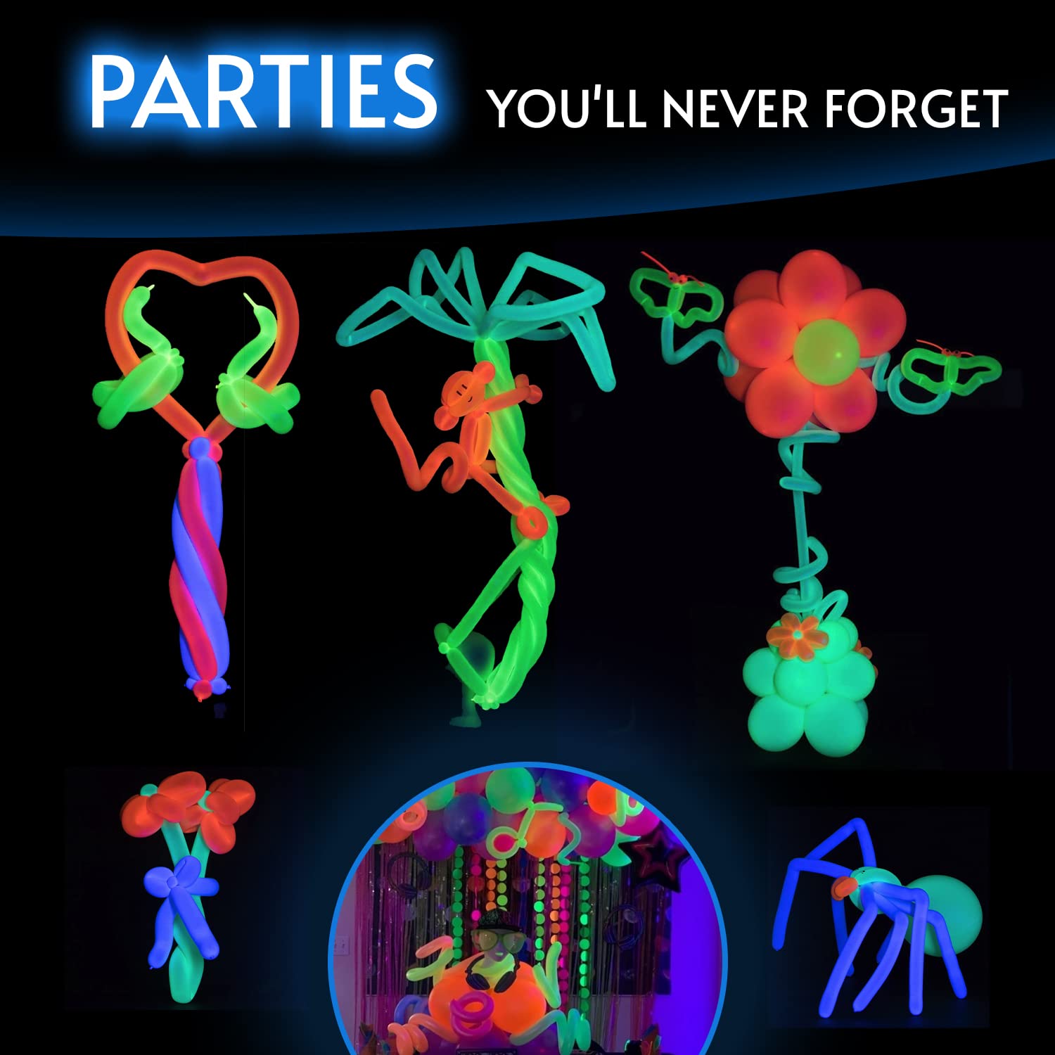 Glow King Neon Tying Balloons - Fluorescent Neon Glow Party Balloons for Tying Balloon Animals - Blacklight Reactive Party Supplies - Neon Party