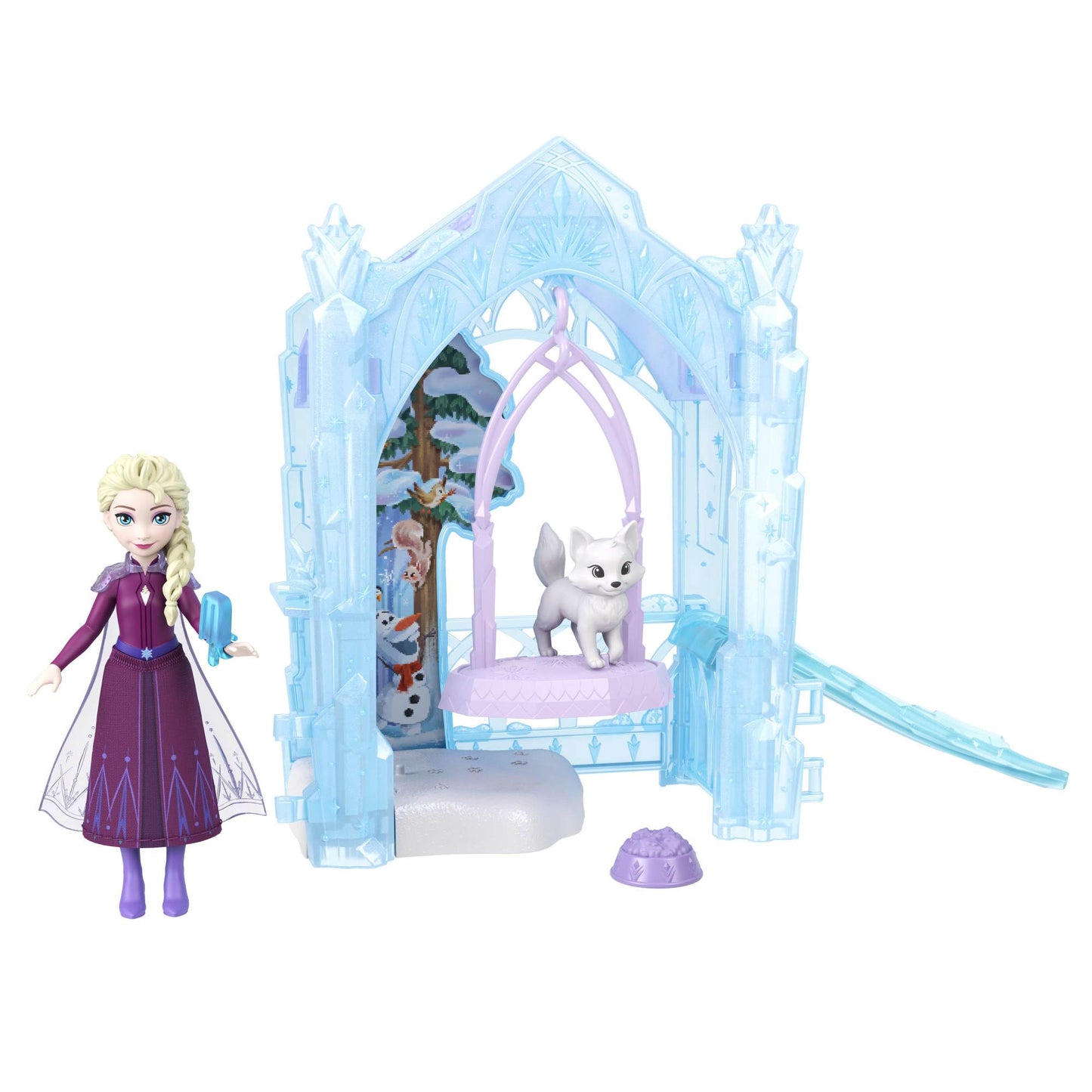 Mattel Disney Frozen Elsa Small Doll & Winter Animal Playset with Fox and Bird Figures, Slide & Accessories, Storytime Stackers ICY Animal Hideaway