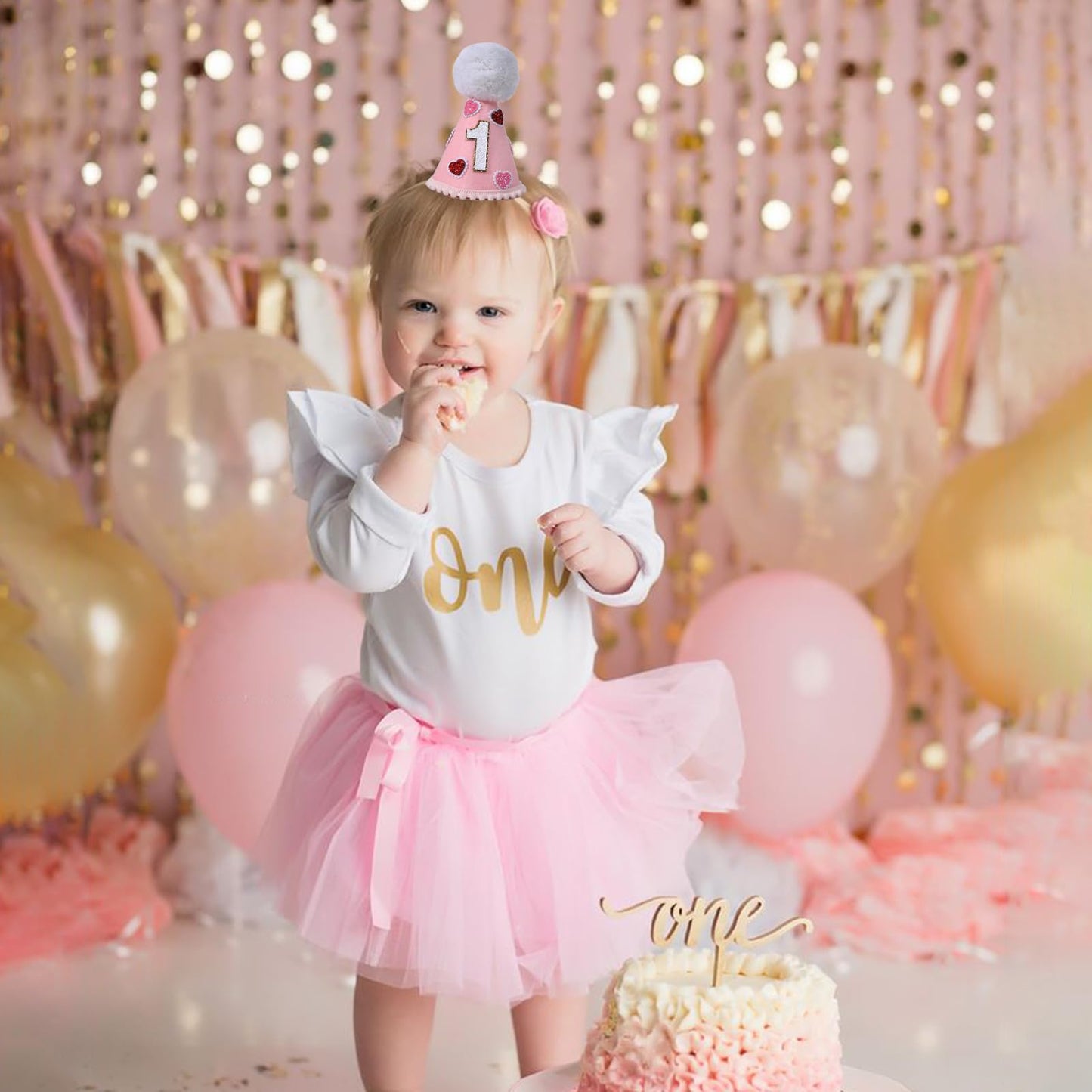 YOUAME Pink Heart Party Hat - Girls 1st Valentine Birthday Party Decorations,Love Day Cone Hat,1st Year Party Decors, One Birthday Crown Outfit