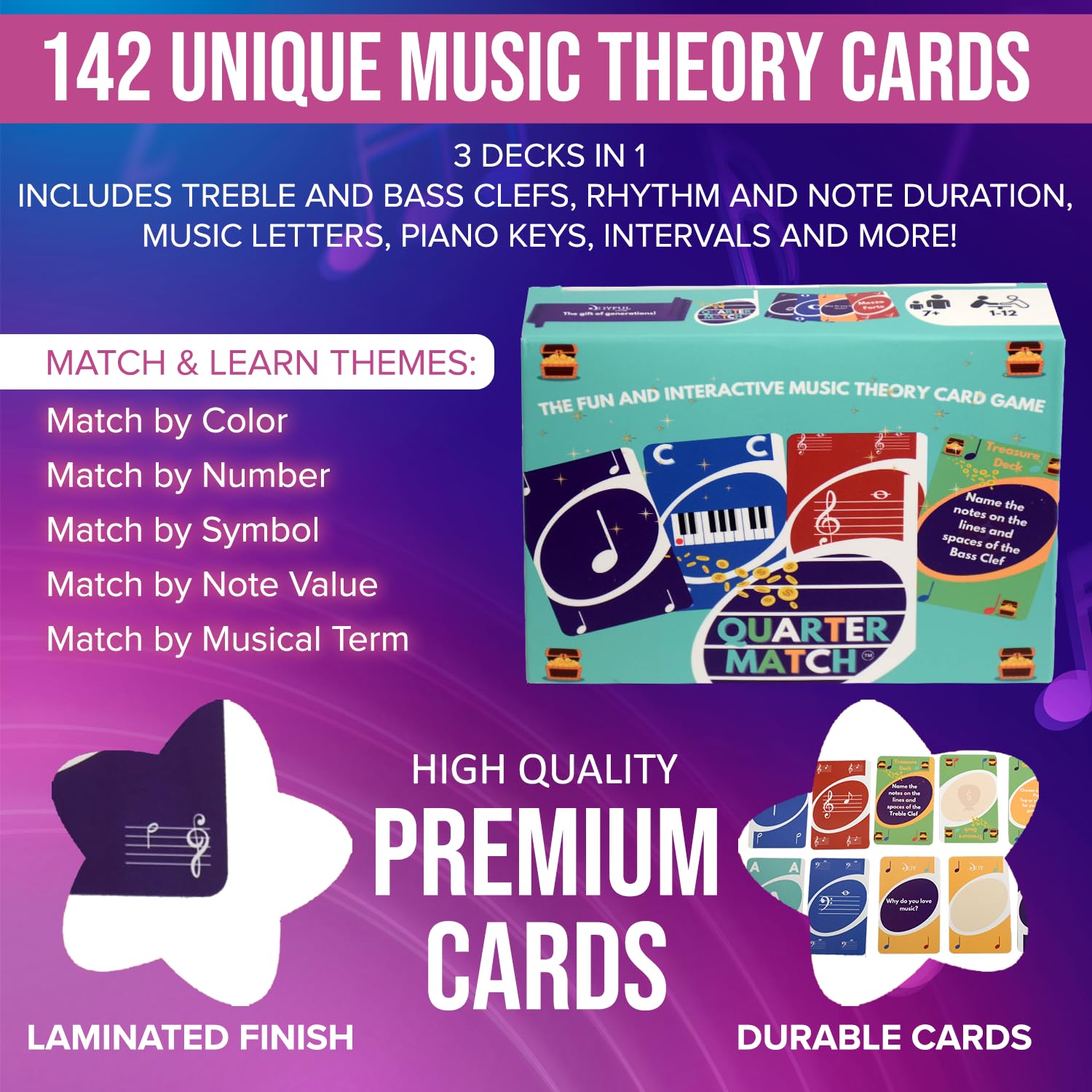 QUARTER MATCH A Fun, Interactive Music Theory Card Game for Kids, Teens, and Adults - 142 Cards - for Piano, Voice, Guitar, Violin, Percussion,