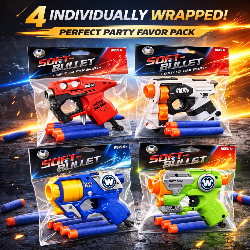 4 Pack Mini Foam Dart Blaster - Individually Wrapped Party Favor Set for Kids, Pull Back Single Shot Toy Guns with 16 Soft Foam Darts - 50 Ft Range