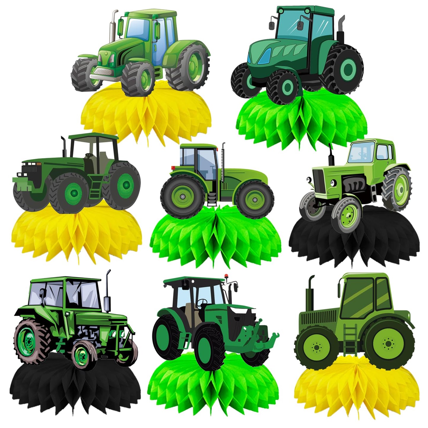 8 Pcs Farm Green Tractor Party Decoration, Farm Tractor Theme Honeycomb Centerpieces 3D Double Sided Table Decorations, Photo Booth Props for Kids