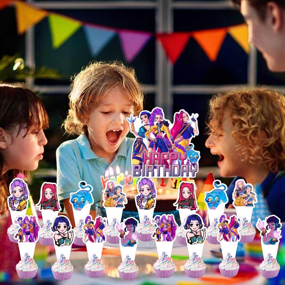 25pcs Demon Hunters Cake Decorations with 24pcs Cupcake Toppers, 1pcs Cake Topper for Demon Hunters Birthday Party Supplies Kids Birthday Decorations