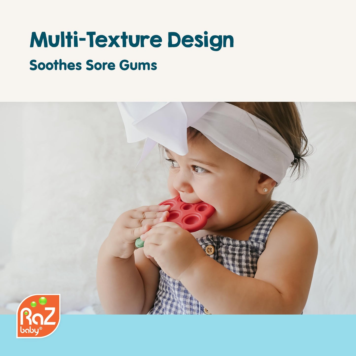 RaZbaby RaZberry Pop Strawberry Teether - Multi-Textured Silicone for Sensory Development & Teething Relief - Easy to Hold for Small Hands - Soft