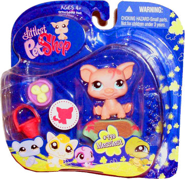 Littlest Pet Shop Portable Pets Messiest Series Collectible Bobble Head Pet Figure Set #998 - Pink Pig with Bowl of Apples, Bucket and Mud Puddle Pad