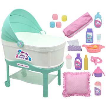 New Adventures Little Darlings: 12" Bassinet Baby Doll Set - Teal, Pink, Stars - Soft Body Doll, Plastic Bassinet, Accessories, Toddler Kids Ages 2+
