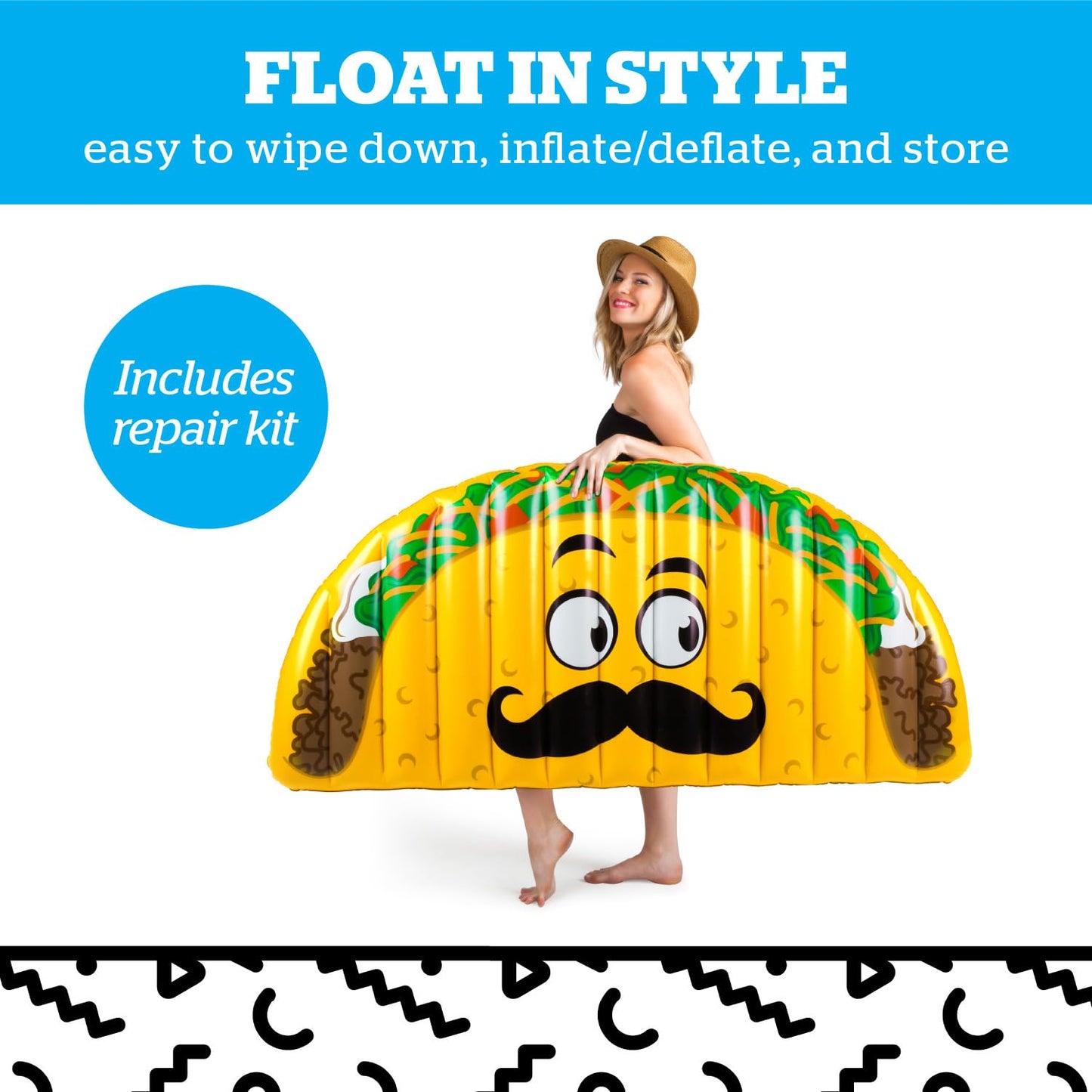 BigMouth Inc. Giant Taco Pool Float, 5 Feet Long Lounge Raft Floatie, Funny Pool Party Summer Water Toy, Durable Vinyl, Includes Patch Repair Kit