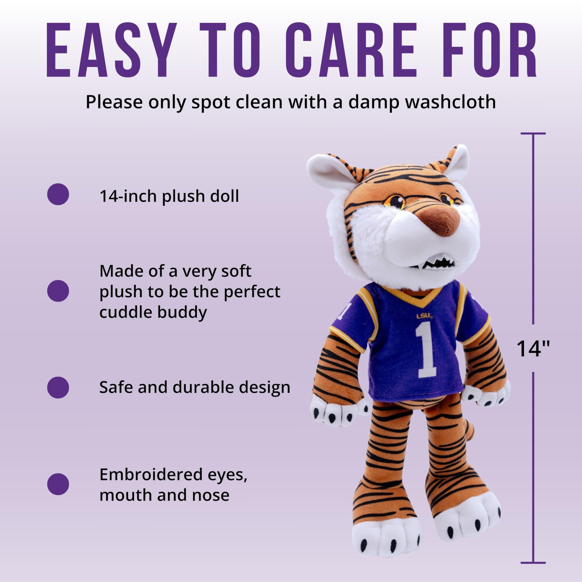Plushible 14" LSU Mike The Tiger Mascot Plush Figure Toy - College Football Plush Doll, Soft Stuffed Toy for Kids & Adults, Surface Washable Ragdoll