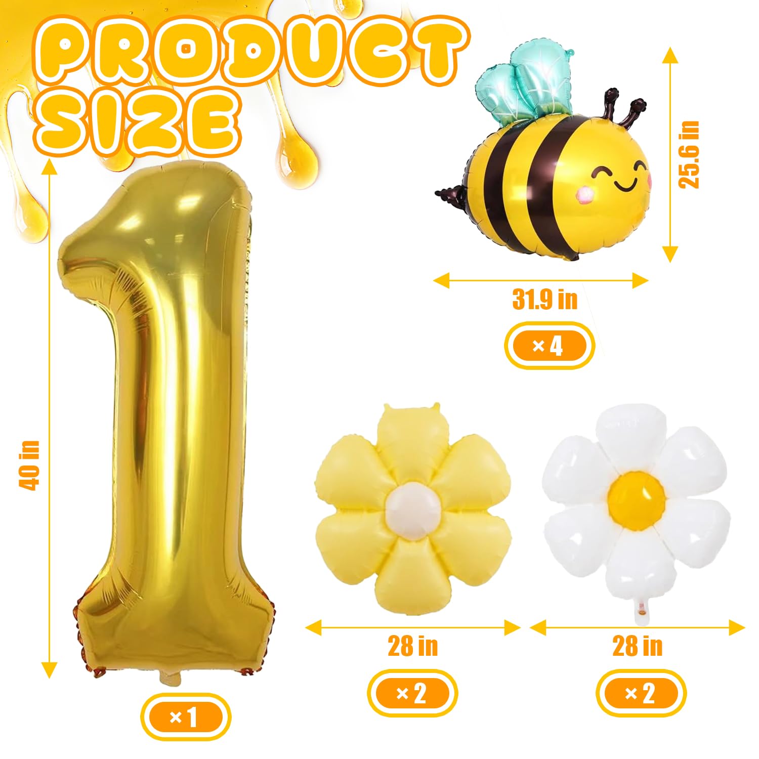DANIUBE 9PCS Bee Balloons, Bee, White and Yellow Daisy Flower, Number 1 Foil Balloons for Baby Shower, 1st Birthday Party Decorations Supplies.