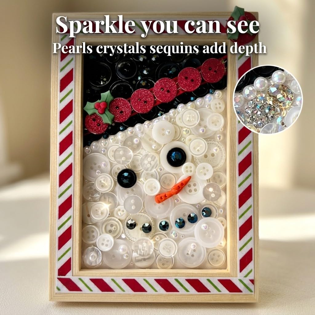 Buttons Galore & More Winter Snowman DIY Button Art Frame Kit, Natural Wood with Black White Buttons, 5x7 Inches, Holiday Wall Decor, Ages 6+