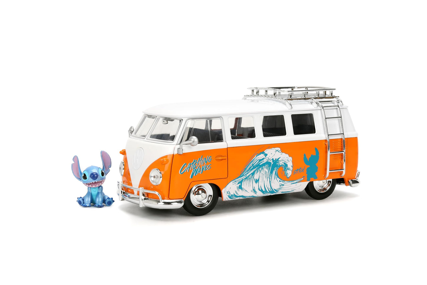 Jada Hollywood Rides Disney Stitch Volkswagen Bus - 1:24 Scale Die-Cast Model with Opening Doors & Die-Cast Stitch Figure - Toy for Collectors & Kids