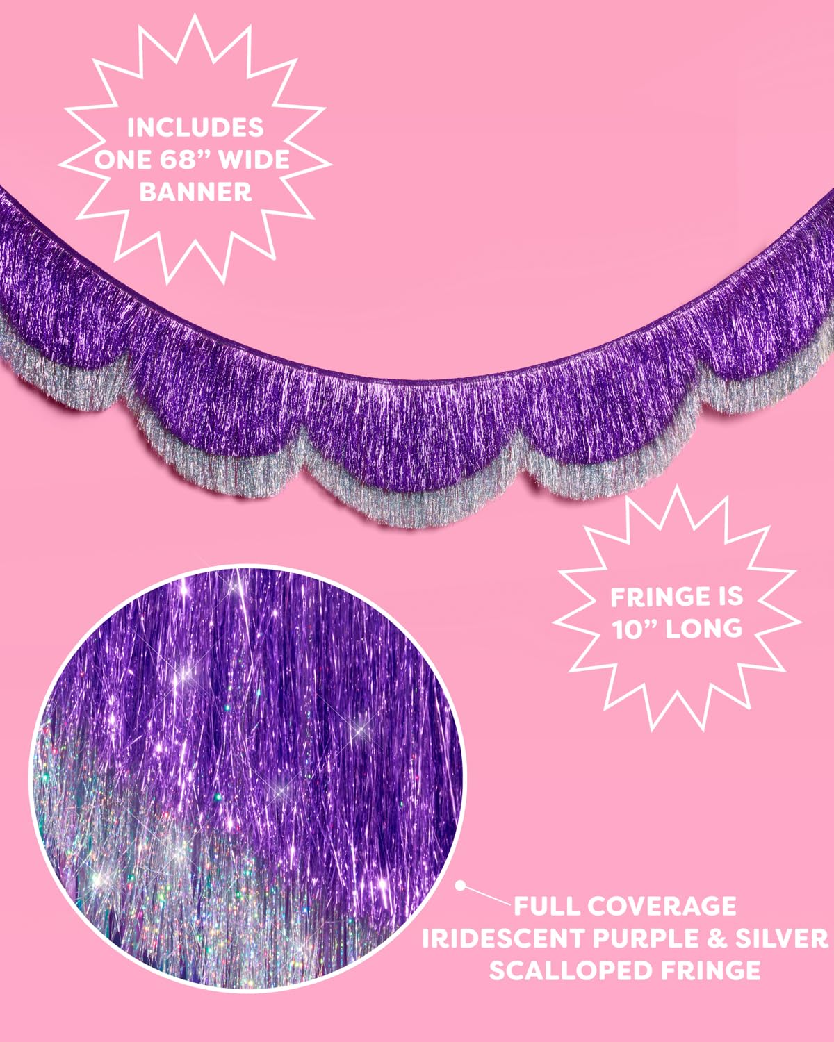 xo, Fetti Purple + Silver Scallop Fringe Banner | Birthday Decor, Party Backdrop, Disco Party, Whimsical, Iridescent Garland, Girly Glam, Kids Party