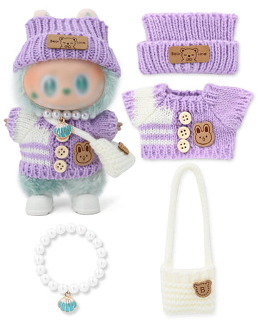 Evowatt Doll Outfits, Clothes for Labubu 17cm Doll, 4-Piece Knitted Doll Clothes Set - Striped Sweater, Beanie Hat, Mini Bag & Shell Bracelet, Purple