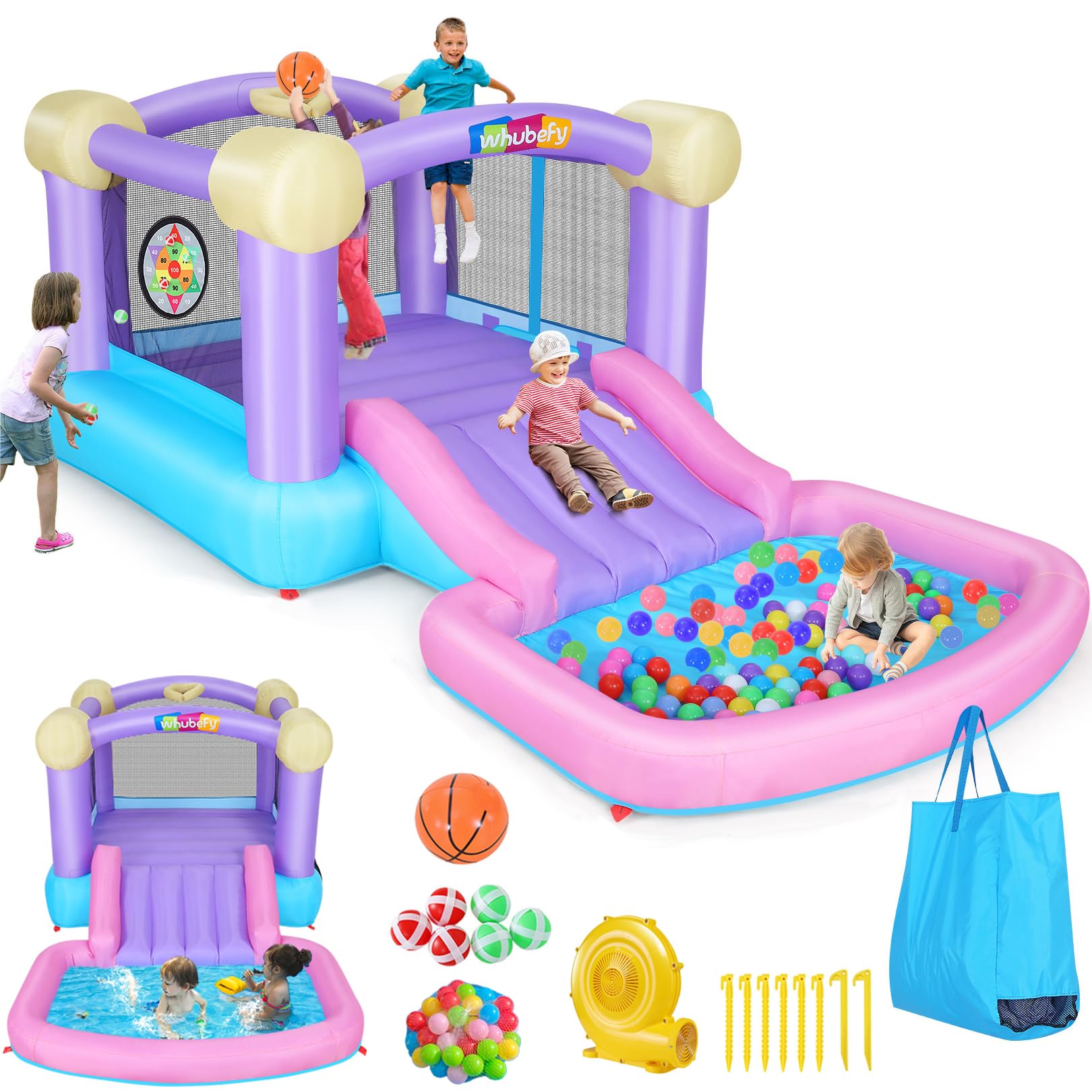Whubefy Inflatable Pink Bounce House for Kids 2-8 with Ball Pit, 161x82x63 All-in-ONE Jump and Slide Water Park w/50 Ocean Balls, 6 Dart Target Balls