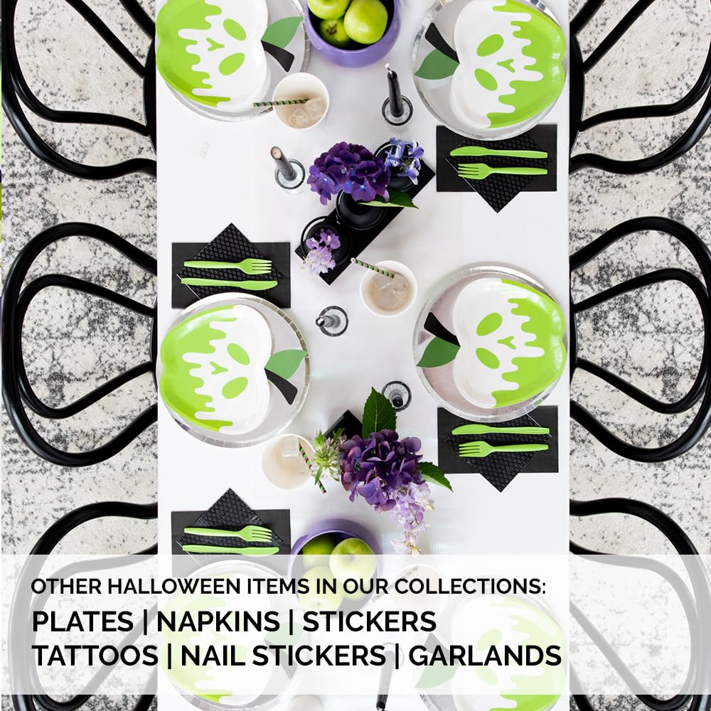 Jollity & Co Poison Apple Halloween Dessert Plates - Bright Green Paper Plates with White Foil - Pack of 8 Party Plates - Birthday Plates for Fall