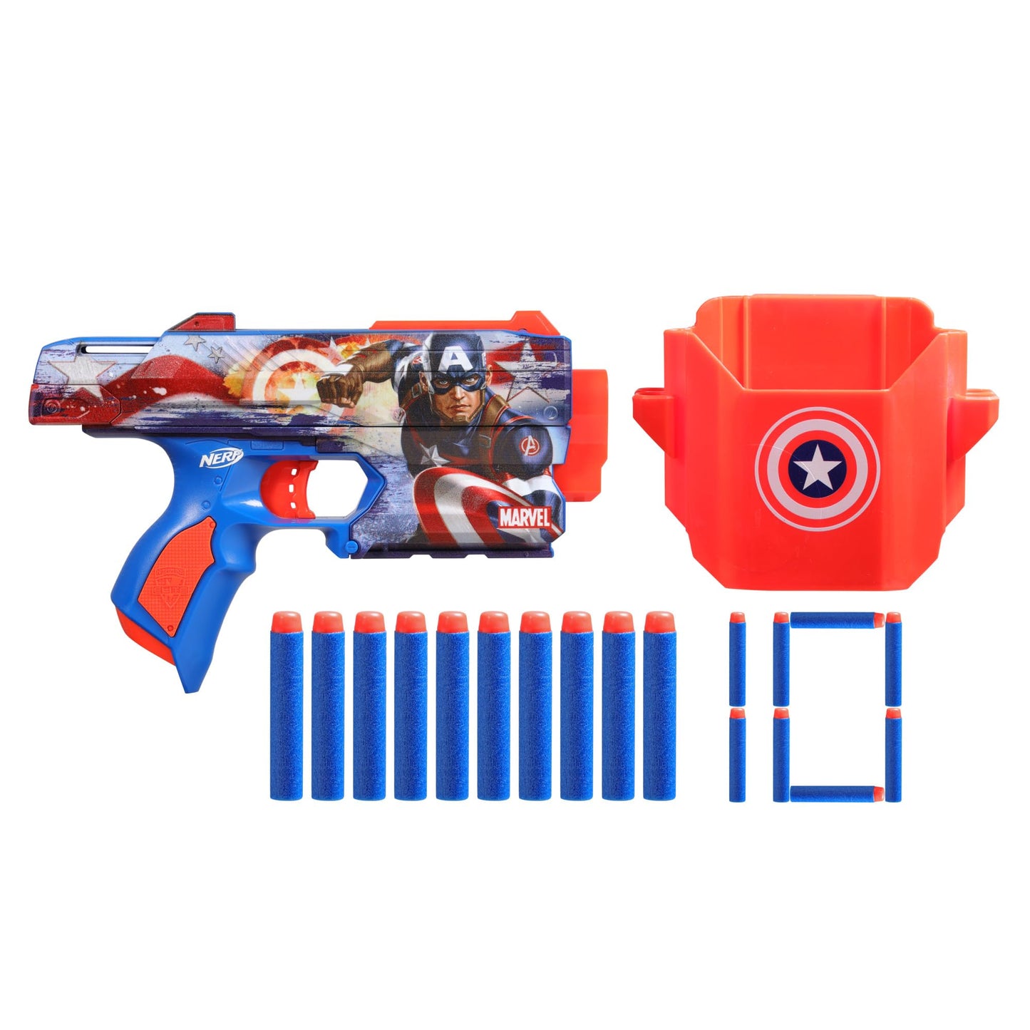 Nerf Marvel Captain America Dart Blaster, 10 Elite Darts, Holster, Toy Foam Blasters for 8 Year Old Boys & Girls & Up