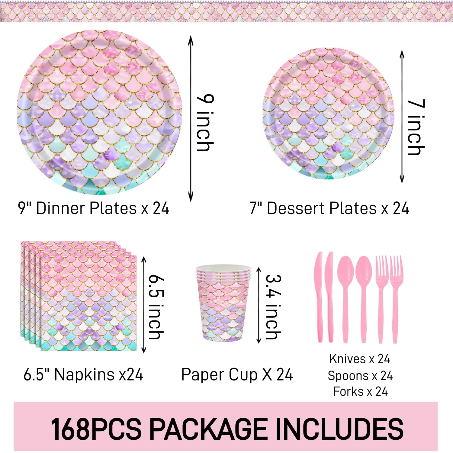 168 Pcs Mermaid Birthday Party Decorations Plates Set for 24 Princess Girls
