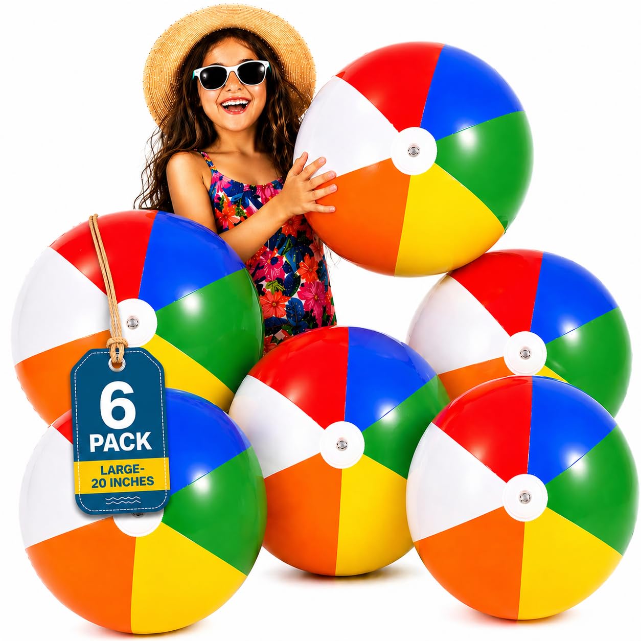 4E's Novelty Beach Balls [6 Pack] 20" Inflatable Beach Balls for Kids - Pool Games Toys for Kids & Adults, Classic Rainbow Color