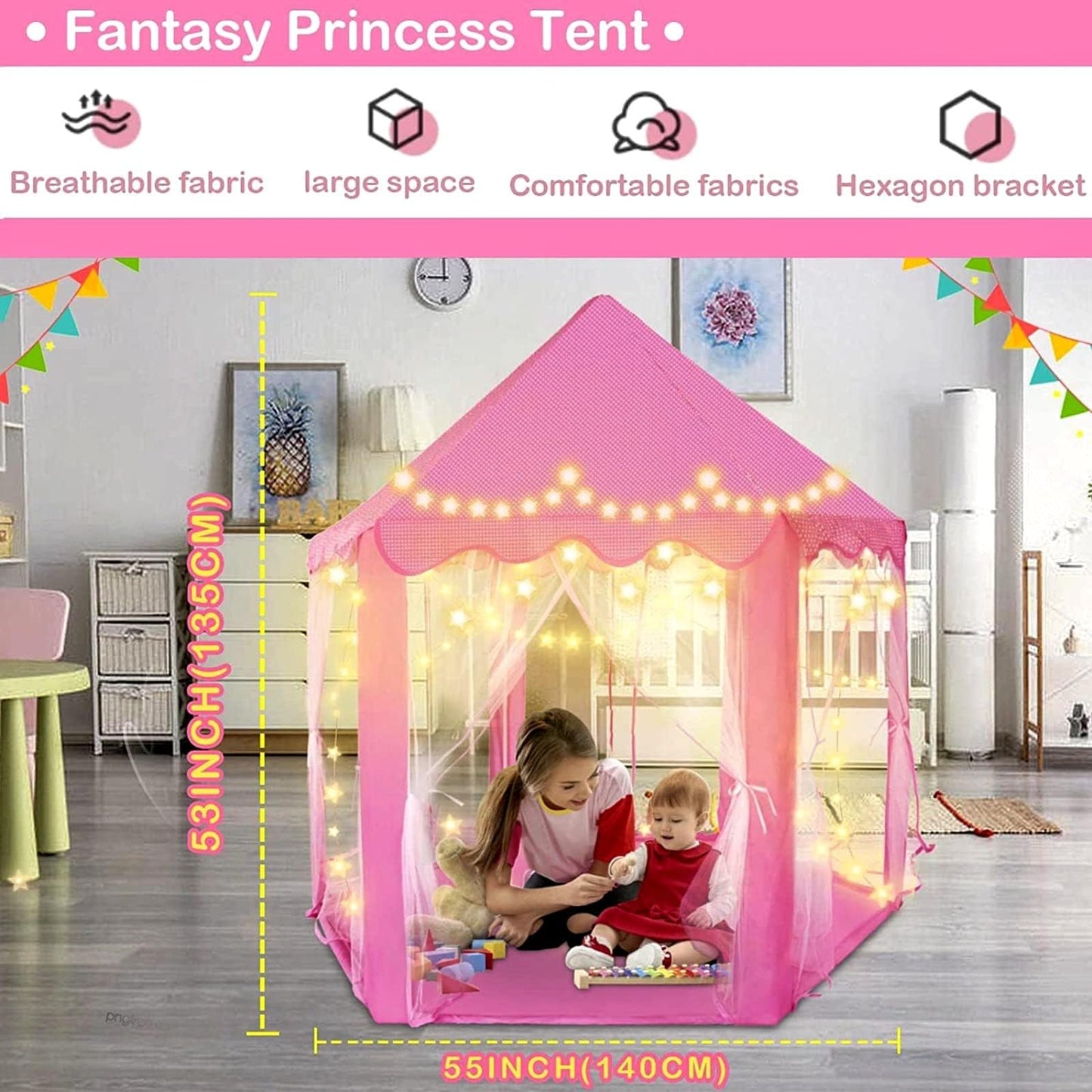 Kid's Play Tent, 55" x 53" (DxH) Princess Tent for Girl, with Star Lights