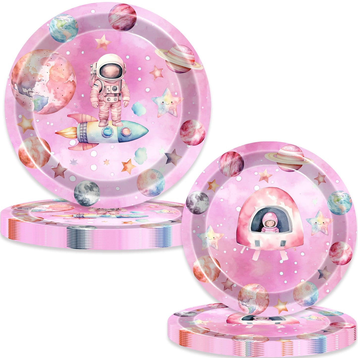 80 Pcs Outer Space Girls Birthday Decorations Astronauts Paper Dinner Plates Napkins Forks Dinnerware for Space Theme Girls Baby Shower 1st 2nd 3rd