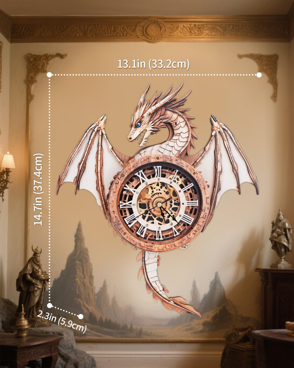 Rnfinewow 3D Puzzles for Adults, 3D Puzzle Dragon Clock Kit (with Pendulum), Wooden Puzzles for Adults Home Wall Decor Dragon Clock Christmas Day
