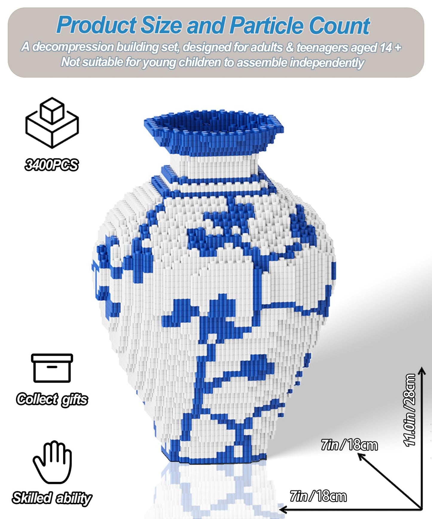 Micro Vase Building Blocks set, Blue & White Ceramic Style 3200PCS (1 sets), Compatible with Lego, 7*7*11? Creative Flower Building Kit for Home