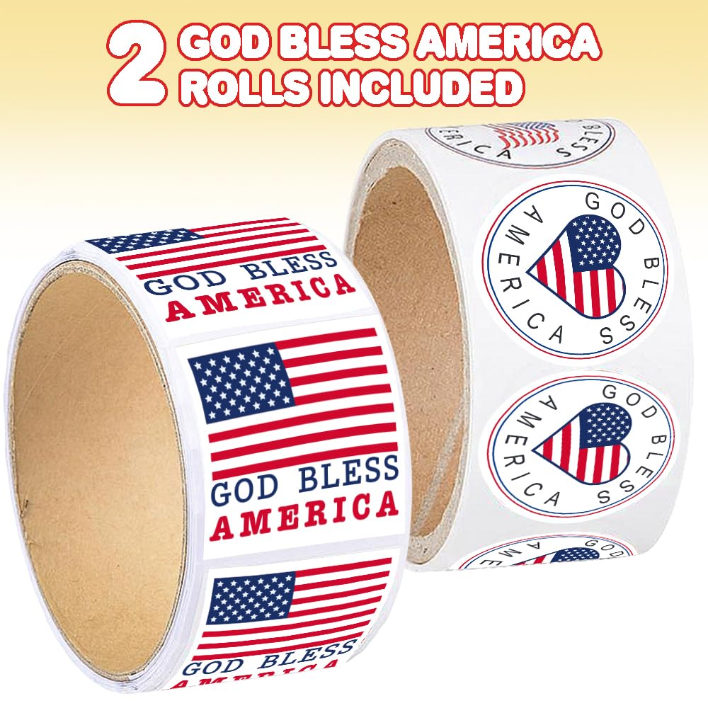 ArtCreativity USA American Flag Patriotic Stickers, 2 Rolls with 200 God Bless America Stickers Total, Red White and Blue Decorations for 4th of July