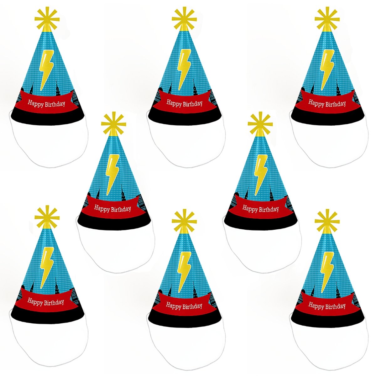 Big Dot of Happiness Bam Superhero - Cone Happy Birthday Party Hats for Kids and Adults - Set of 8 (Standard Size)