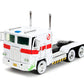 Jada Transformers G1 Optimus Prime Big Rig with Ghostbusters Ecto-1 Graphics - Die-Cast Vehicle - 1:24 Scale, Opening Doors, Hood & Trunk, Rubber