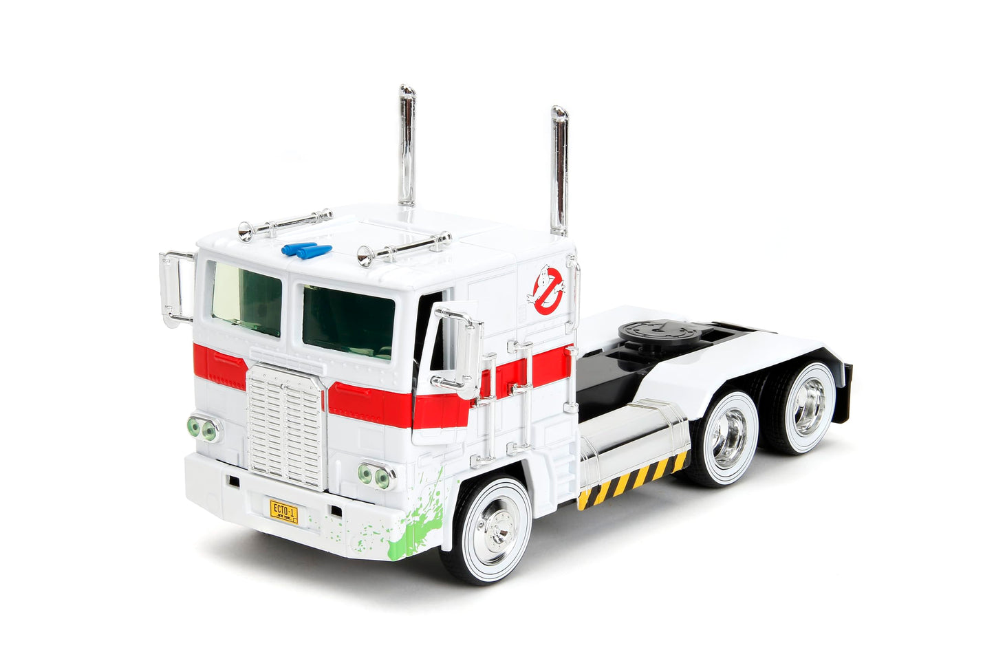 Jada Transformers G1 Optimus Prime Big Rig with Ghostbusters Ecto-1 Graphics - Die-Cast Vehicle - 1:24 Scale, Opening Doors, Hood & Trunk, Rubber