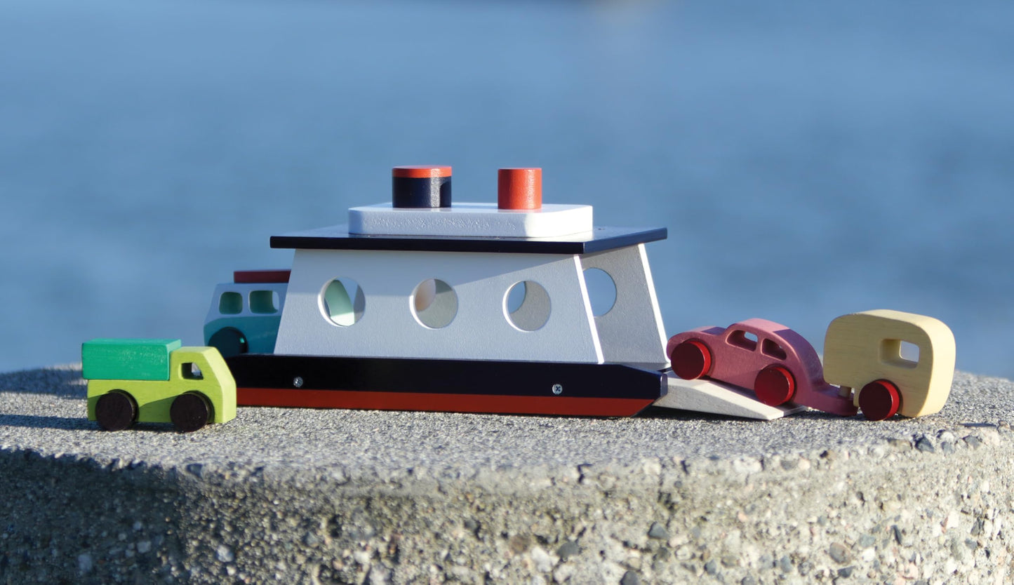 Mentari Toys - Car Ferry - Wooden Boat Set with 4 Vehicles - Includes Car, Caravan, Campervan, and Truck - Interactive Loading & Unloading Toy