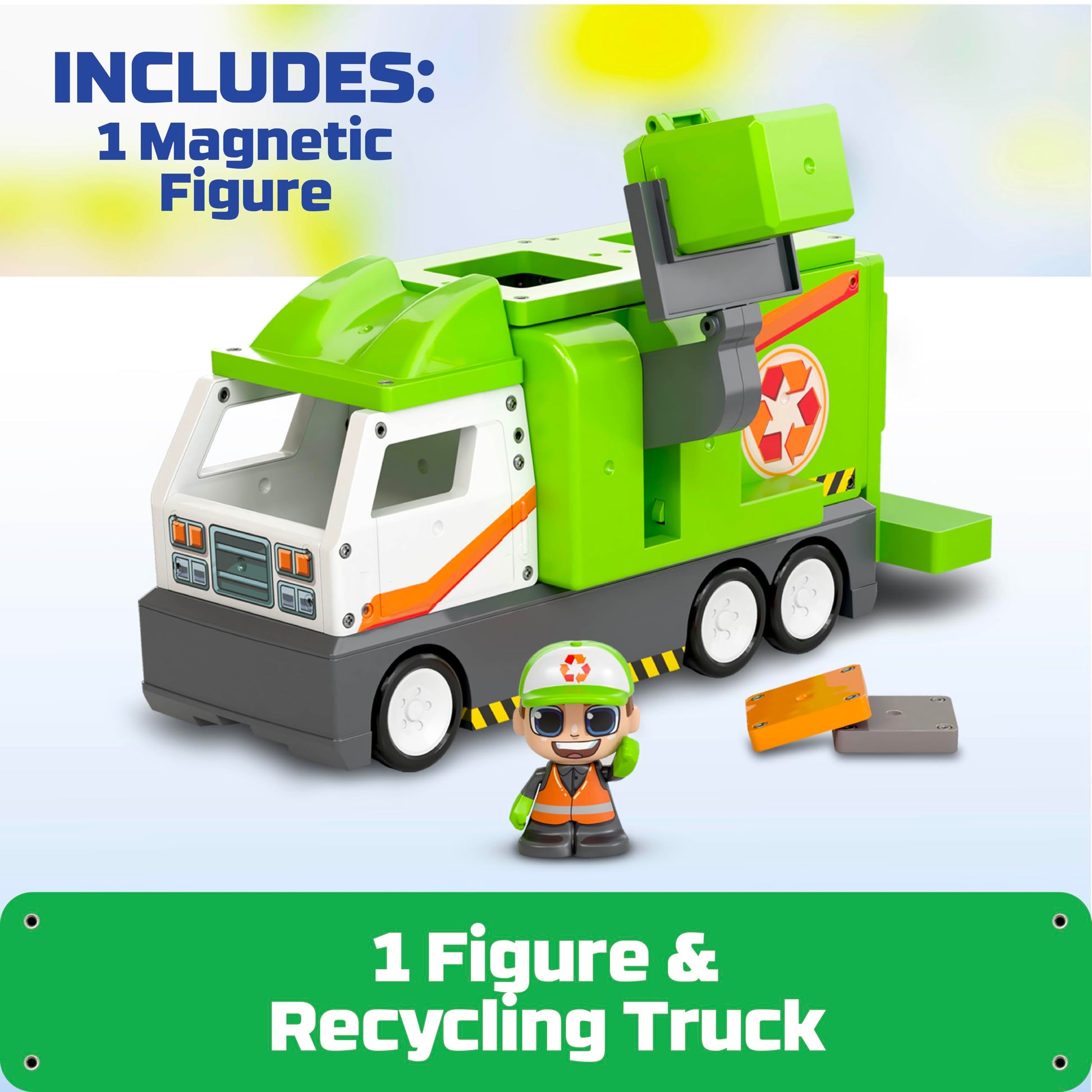 Tile Town Recycling Truck 15-Piece Magnetic Tile Playset, Interactive STEM Magnetic Tiles Toys, Includes 1 Action Figure and 2 Action Tiles