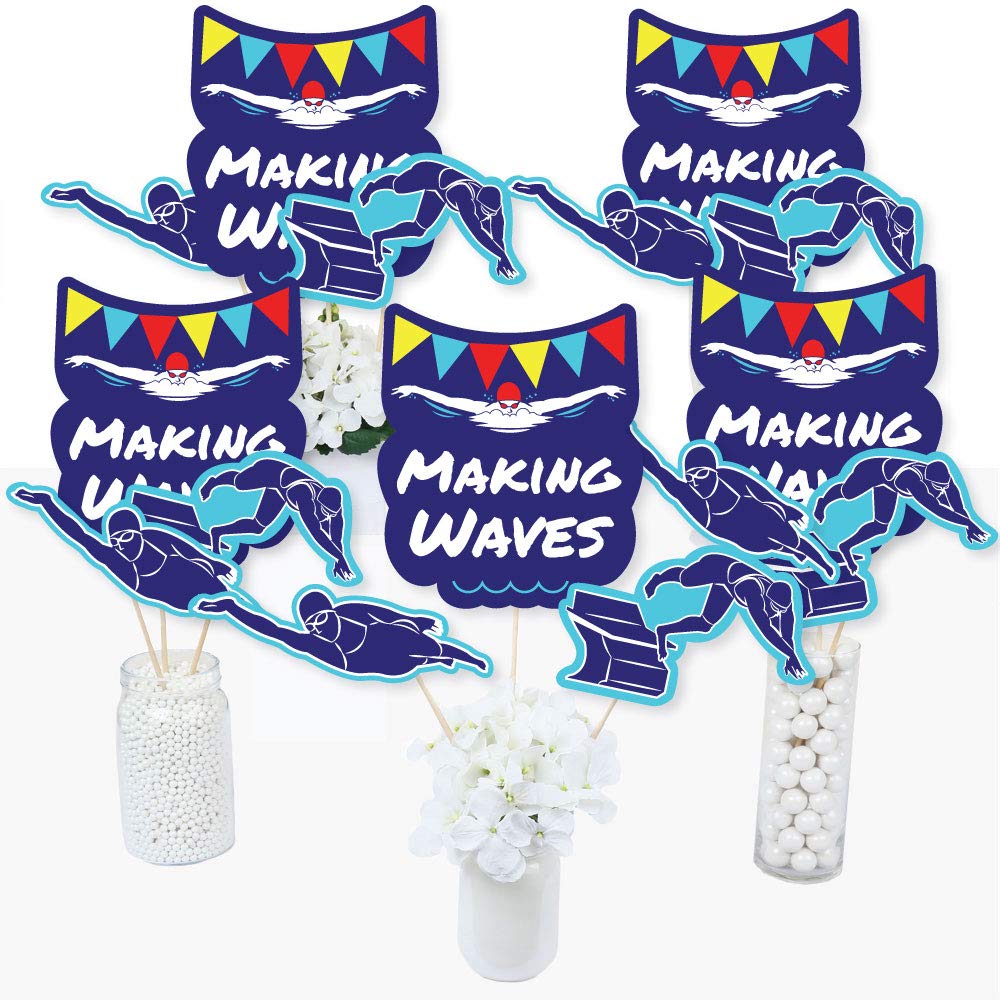 Big Dot of Happiness Making Waves - Swim Team - Swimming Party or Birthday Party Centerpiece Sticks - Table Toppers - Set of 15