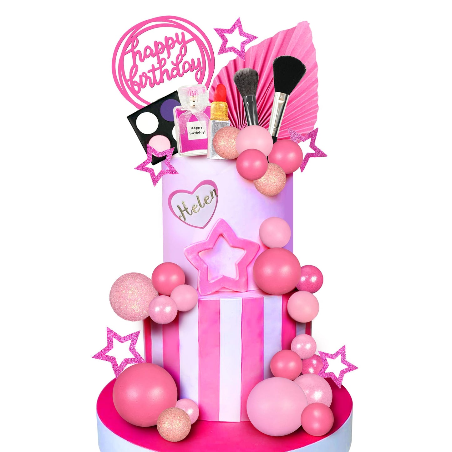 32 PCS Makeup Cake Topper Happy Birthday Cake Topper with Lipstick Eye Shadow Makeup Brush for Birthday (Hot pink)