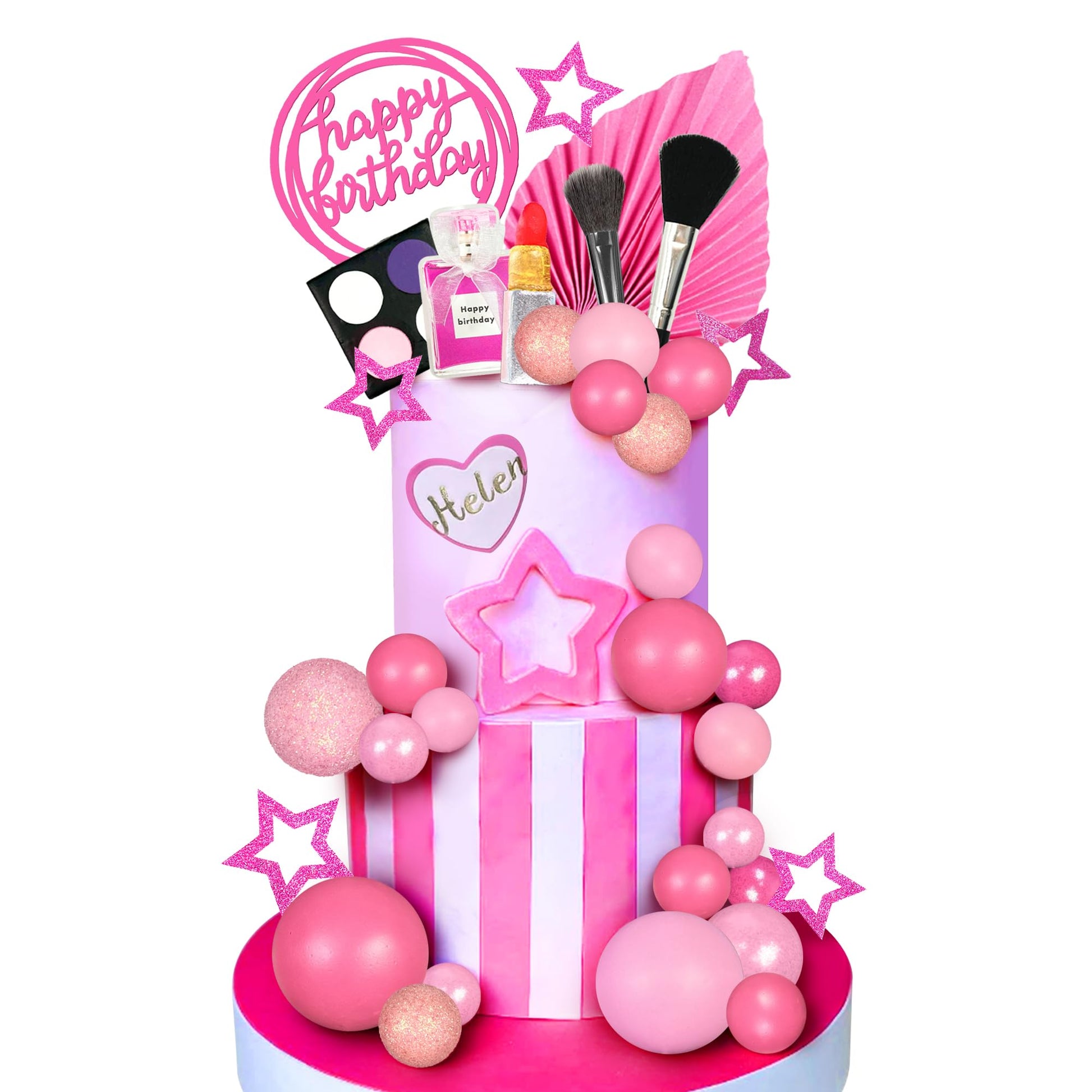 32 PCS Makeup Cake Topper Happy Birthday Cake Topper with Lipstick Eye Shadow Makeup Brush for Birthday (Hot pink)