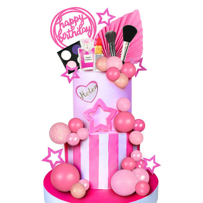 32 PCS Makeup Cake Topper Happy Birthday Cake Topper with Lipstick Eye Shadow Makeup Brush for Birthday (Hot pink)