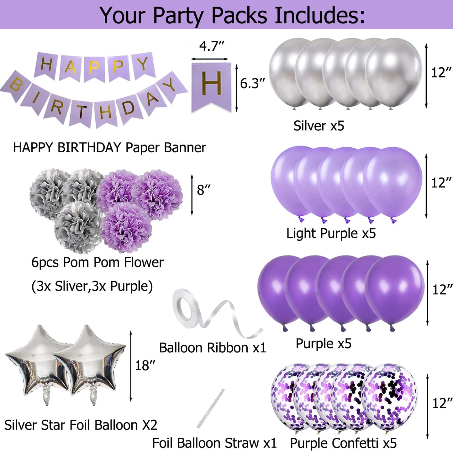 Purple and Silver Birthday Decorations for Women Lavender Party Decor Kit for Her Including Happy Birthday Banner Pompom Flower Foil Balloons Confetti