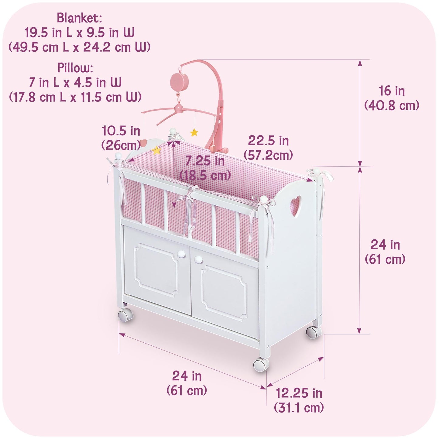 Badger Basket Wooden Toy Doll Bed with Storage, Mobile, and Bedding to Pretend and Play - Includes Wheels and Free Personalization Kit - White