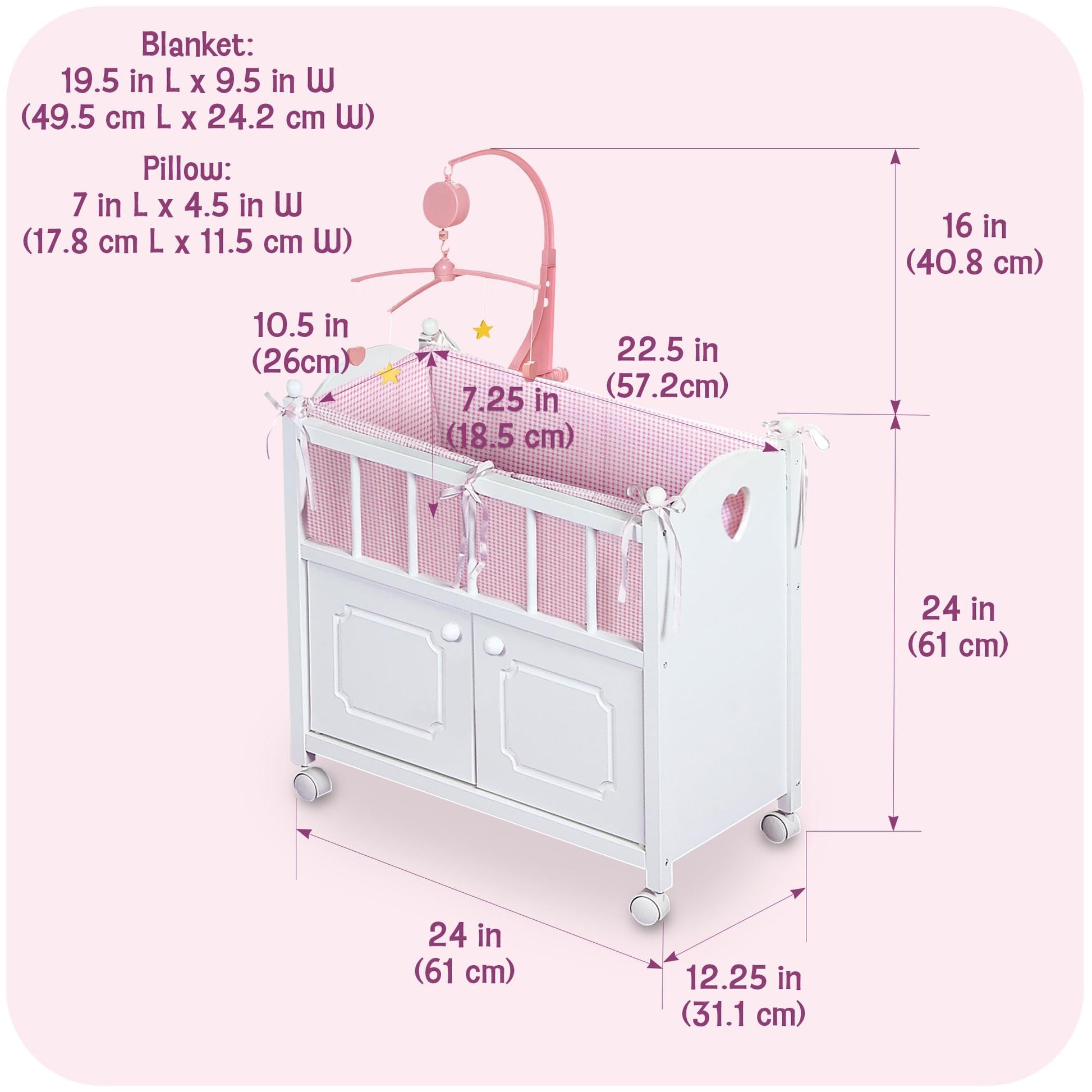 Badger Basket Wooden Toy Doll Bed with Storage, Mobile, and Bedding to Pretend and Play - Includes Wheels and Free Personalization Kit - White