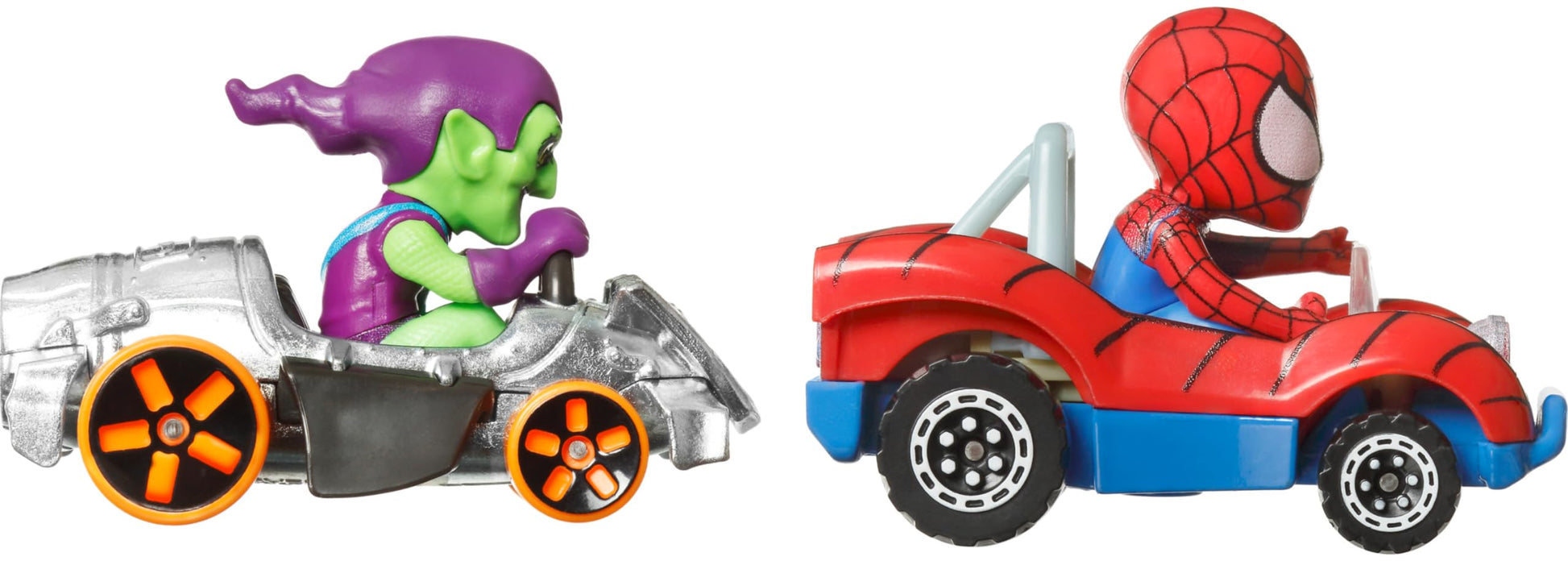 Hot Wheels RacerVerse Toy Cars 2-Pack, Set of 2 Die-Cast Vehicles with Character Driver, Optimized for Track Performance : Spider Man & Green Goblin