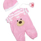 JC Toys | Pink Bear Onesie | Baby Doll Outfit + Hat + Pacifier | | Ages 2+ | Fits Dolls 12"- 14"