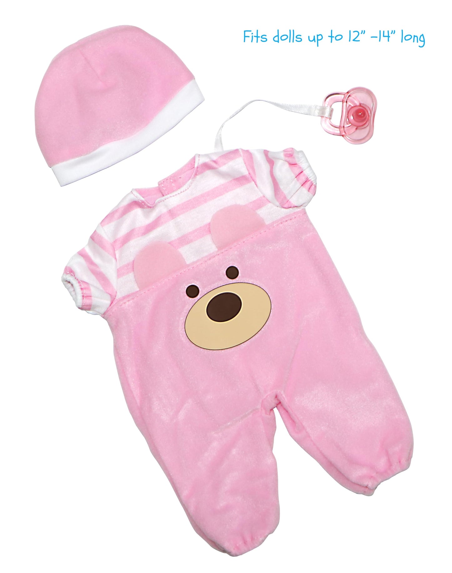 JC Toys | Pink Bear Onesie | Baby Doll Outfit + Hat + Pacifier | | Ages 2+ | Fits Dolls 12"- 14"