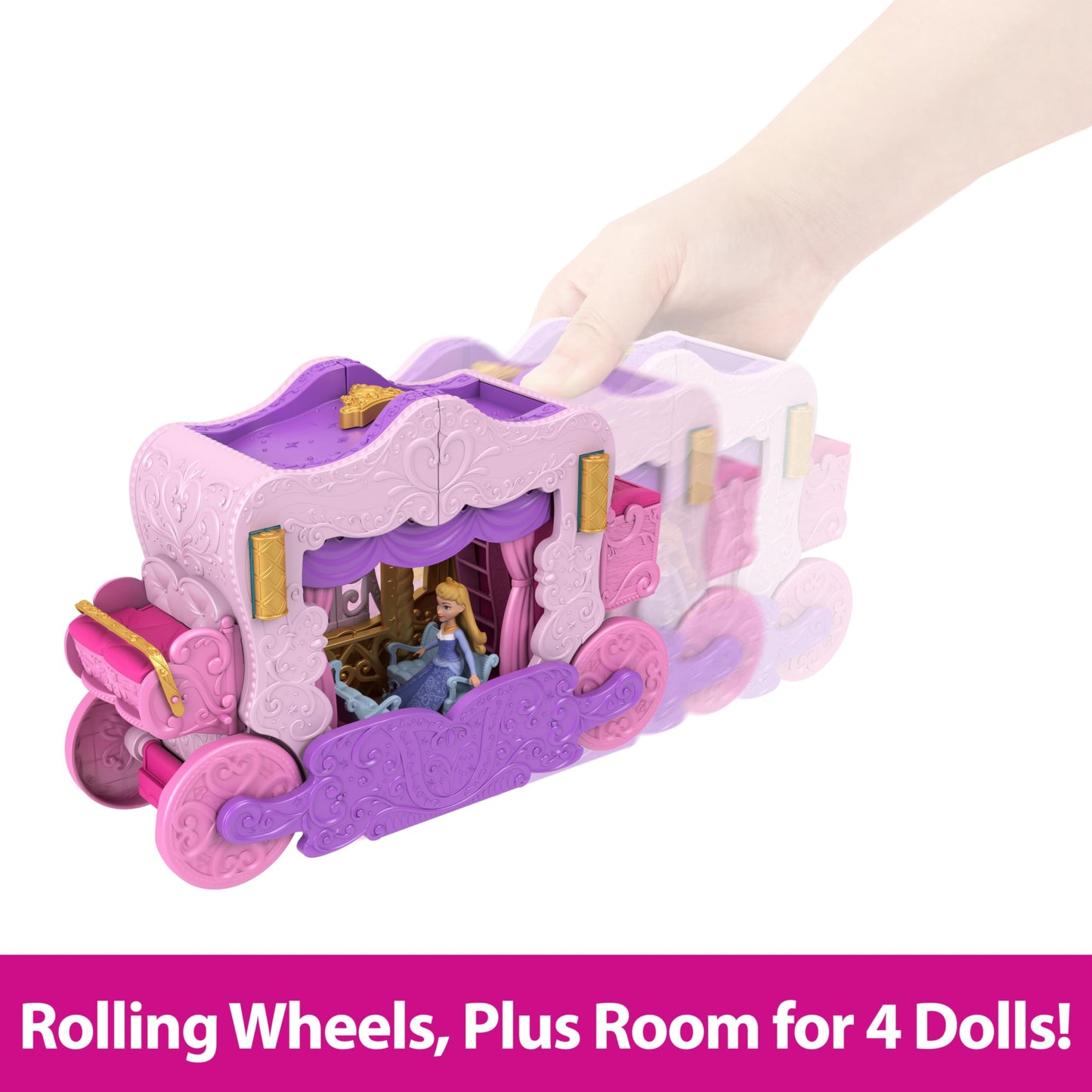 Mattel Disney Princess Toys, Carriage to Castle Transforming Playset with Aurora Small Doll, 4 Figures, Furniture & Accessories